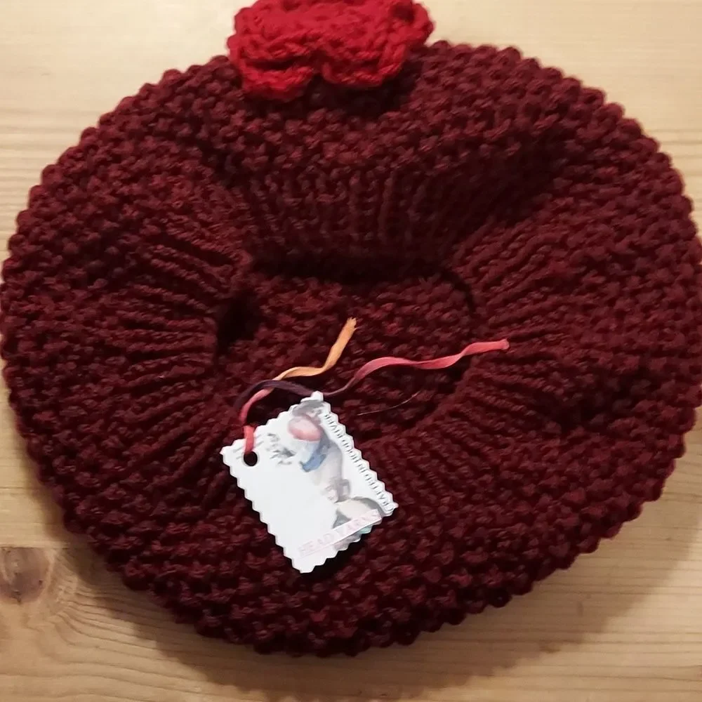 Slouchy Beanie Hat Cap Burgundy Red with flower hand made Boho style